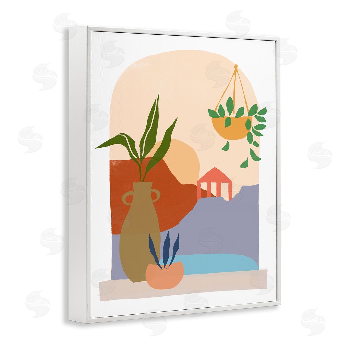 June Erica Vess Bold Hanging Potted Plants Windowsill Landscape Scene White Framed Giclee Wall Art Print