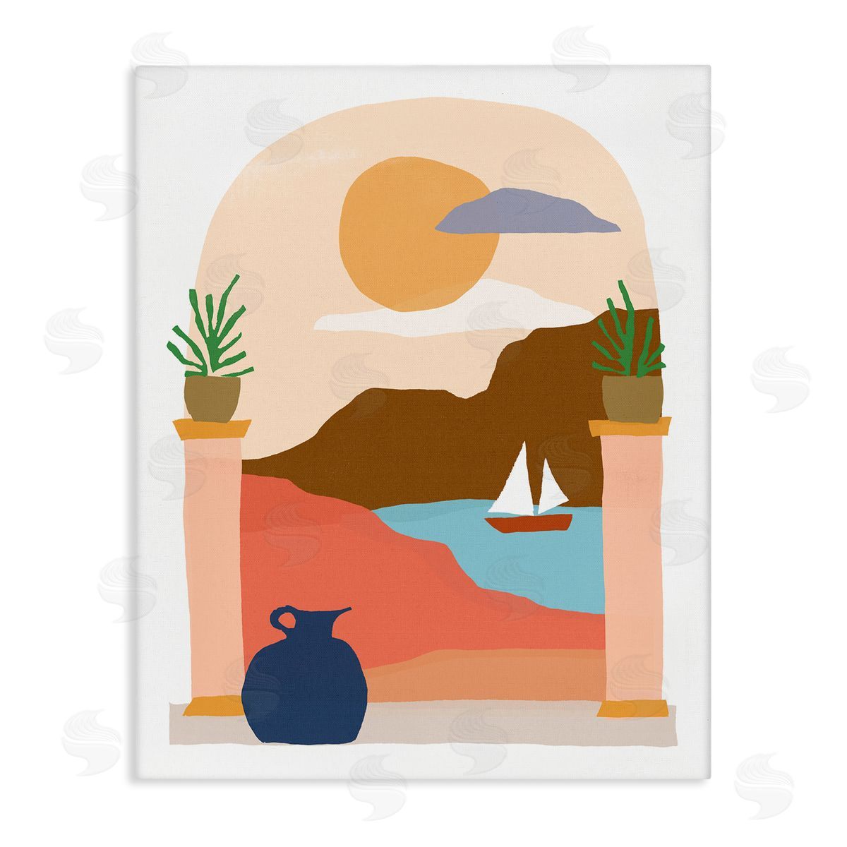 June Erica Vess Calm Distant Sailboat Arch Shaped Landscape Scene Stretched Canvas Wall Art Print