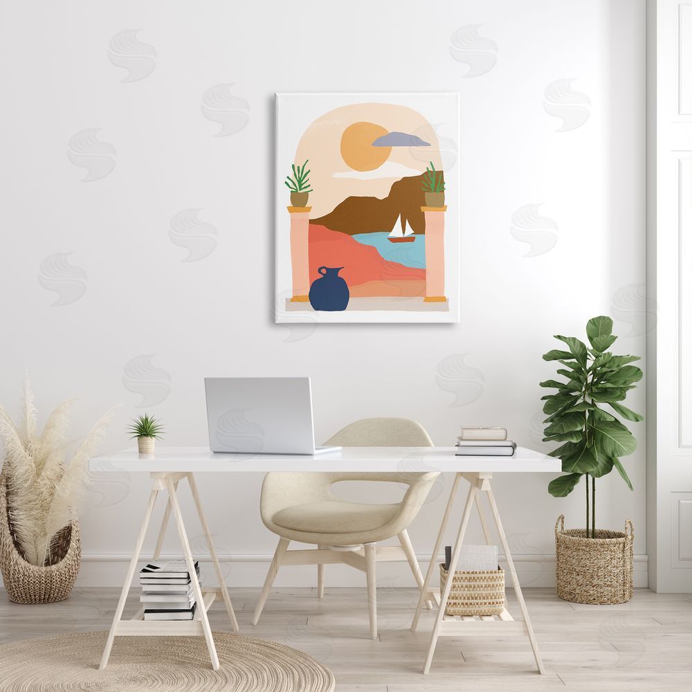 June Erica Vess Calm Distant Sailboat Arch Shaped Landscape Scene Canvas Wall Art Print in Room