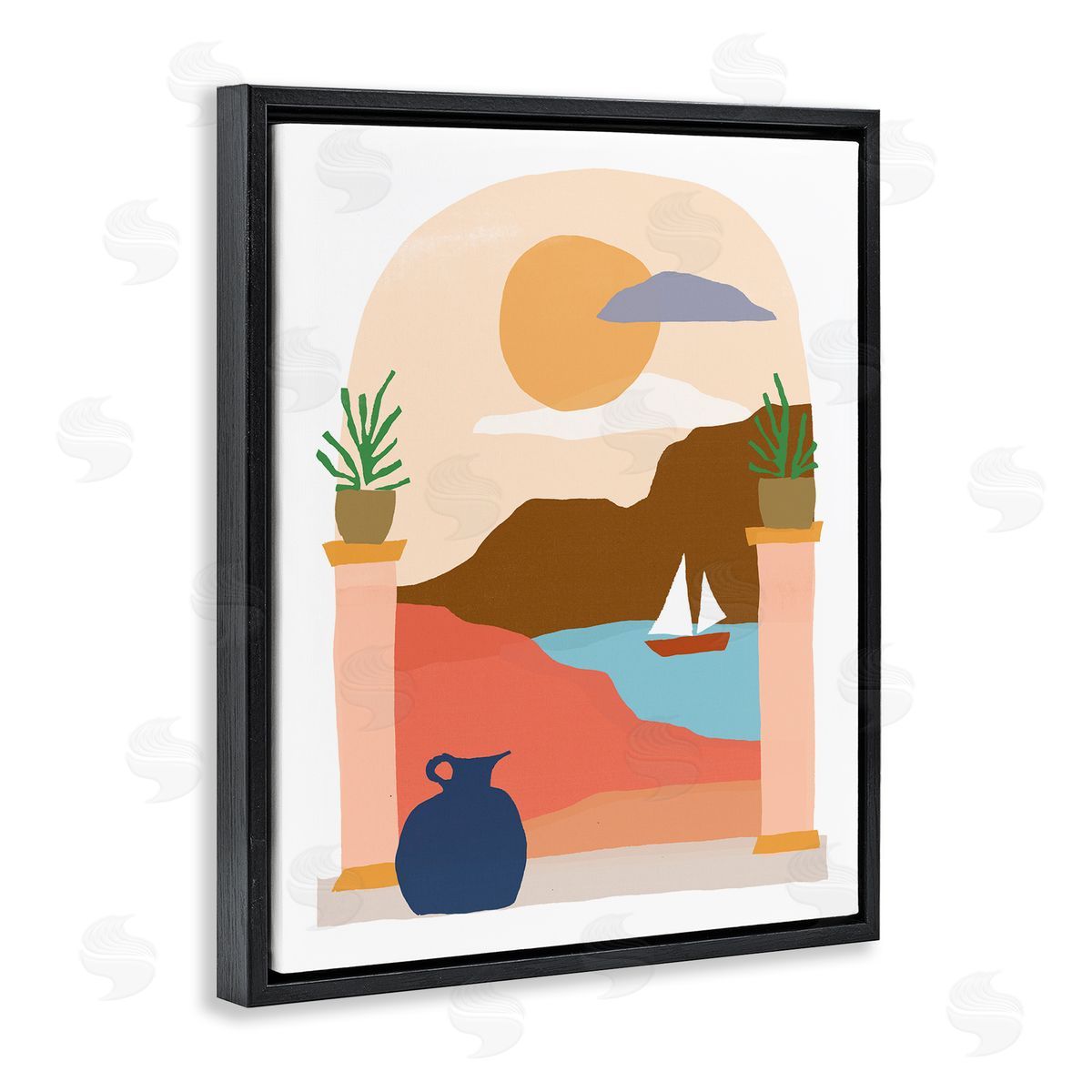 June Erica Vess Calm Distant Sailboat Arch Shaped Landscape Scene Black Floating Frame Canvas Wall Art Print