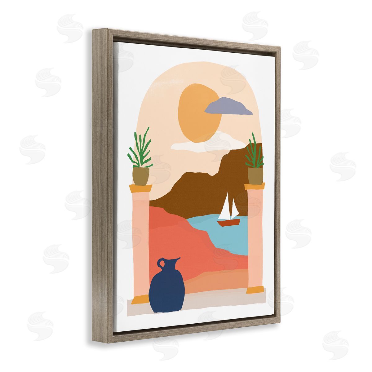 June Erica Vess Calm Distant Sailboat Arch Shaped Landscape Scene Brown Floating Frame Canvas Wall Art Print