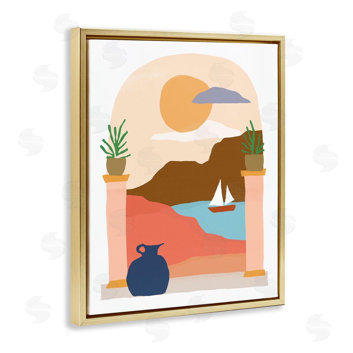 June Erica Vess Calm Distant Sailboat Arch Shaped Landscape Scene Gold Floating Frame Canvas Wall Art Print