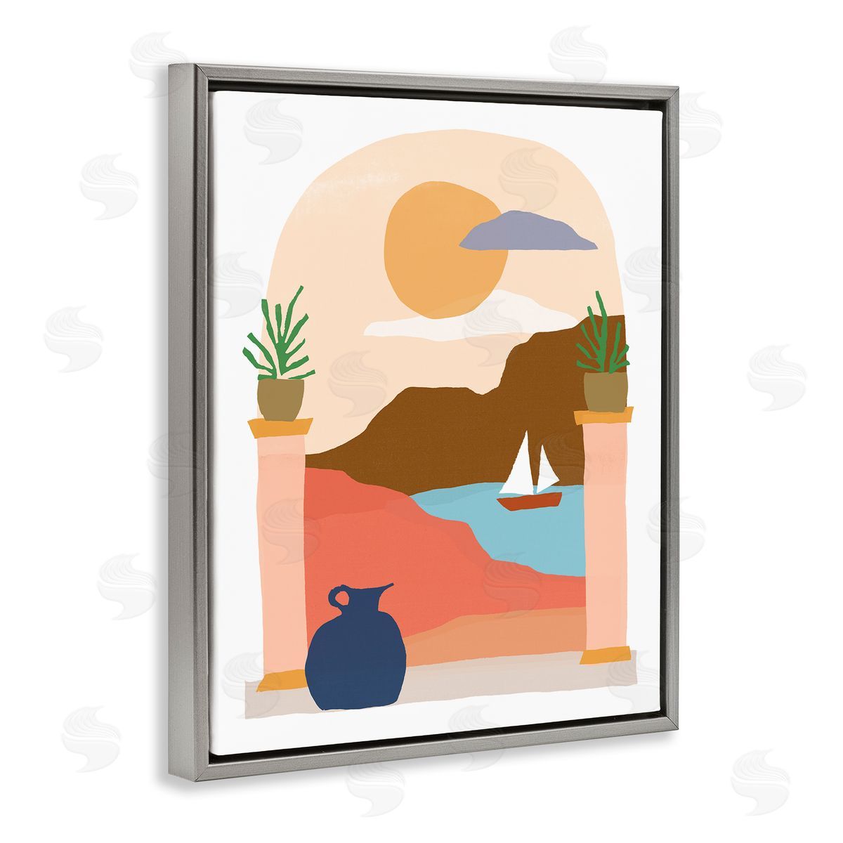 June Erica Vess Calm Distant Sailboat Arch Shaped Landscape Scene Gray Floating Frame Canvas Wall Art Print