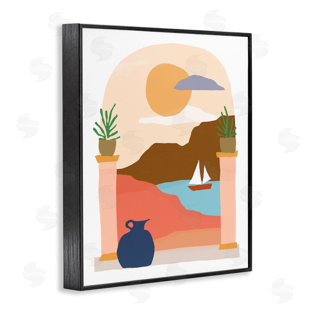 June Erica Vess Calm Distant Sailboat Arch Shaped Landscape Scene Black Framed Giclee Wall Art Print