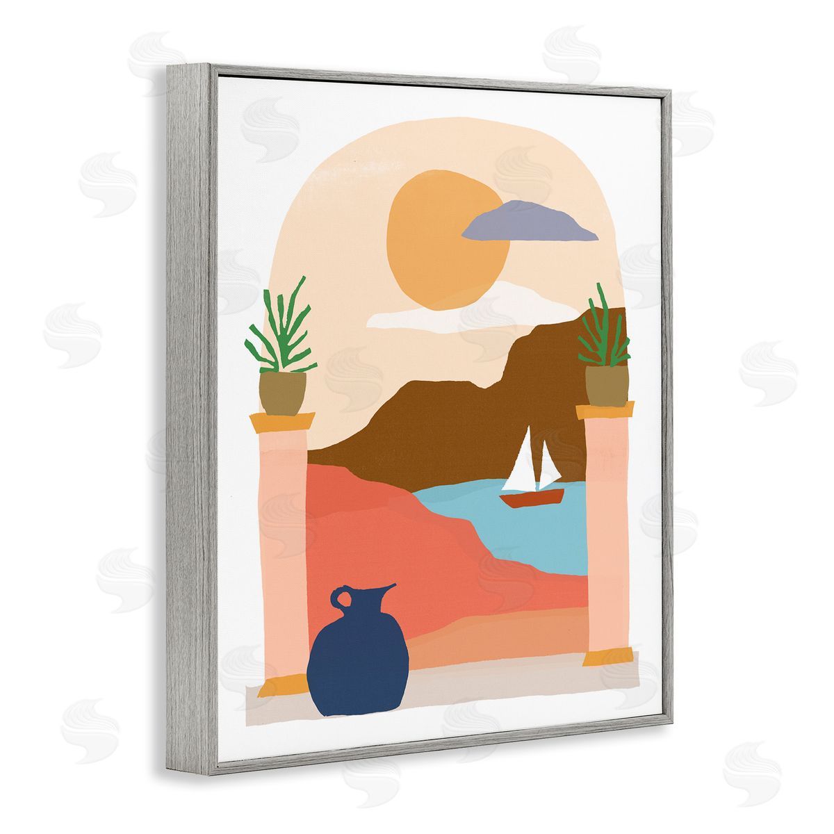 June Erica Vess Calm Distant Sailboat Arch Shaped Landscape Scene Gray Framed Giclee Wall Art Print