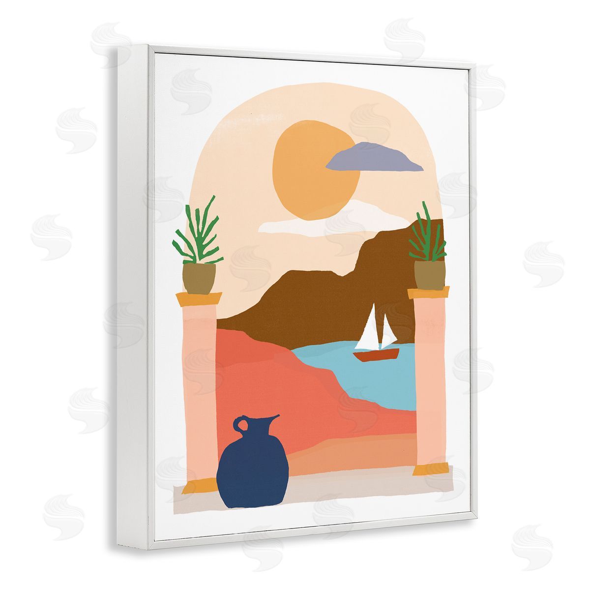 June Erica Vess Calm Distant Sailboat Arch Shaped Landscape Scene White Framed Giclee Wall Art Print