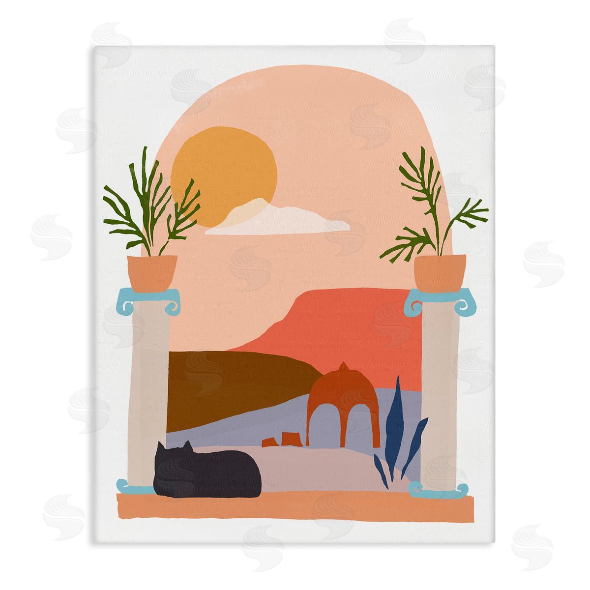 June Erica Vess Black Cat Watching Peaceful Sunny Hills Scenery  Stretched Canvas Wall Art Print