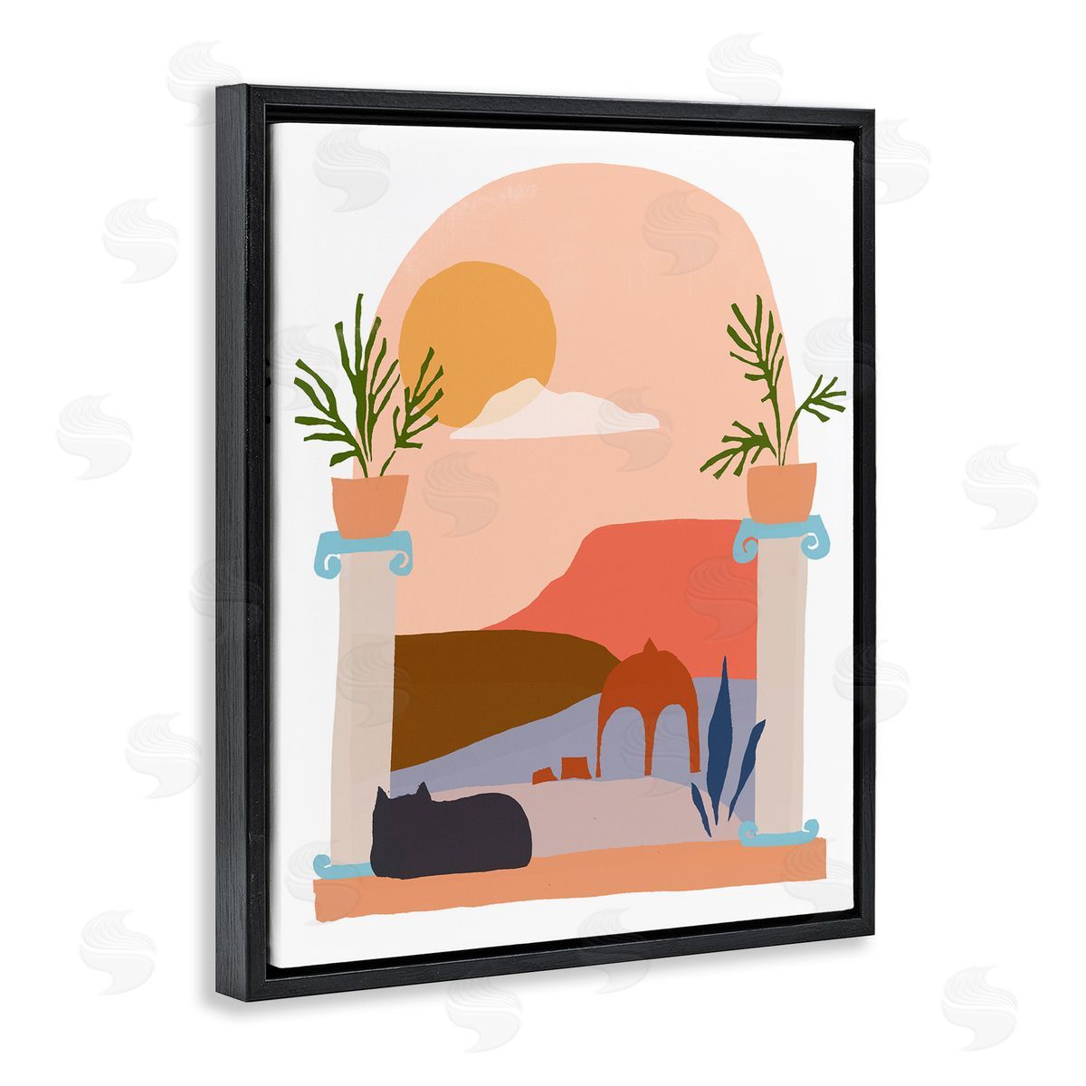 June Erica Vess Black Cat Watching Peaceful Sunny Hills Scenery  Black Floating Frame Canvas Wall Art Print