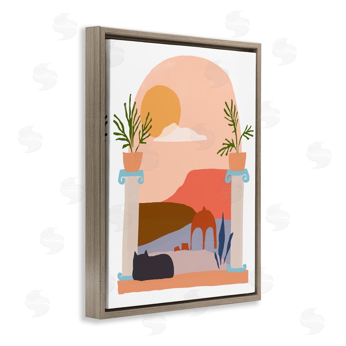 June Erica Vess Black Cat Watching Peaceful Sunny Hills Scenery  Brown Floating Frame Canvas Wall Art Print