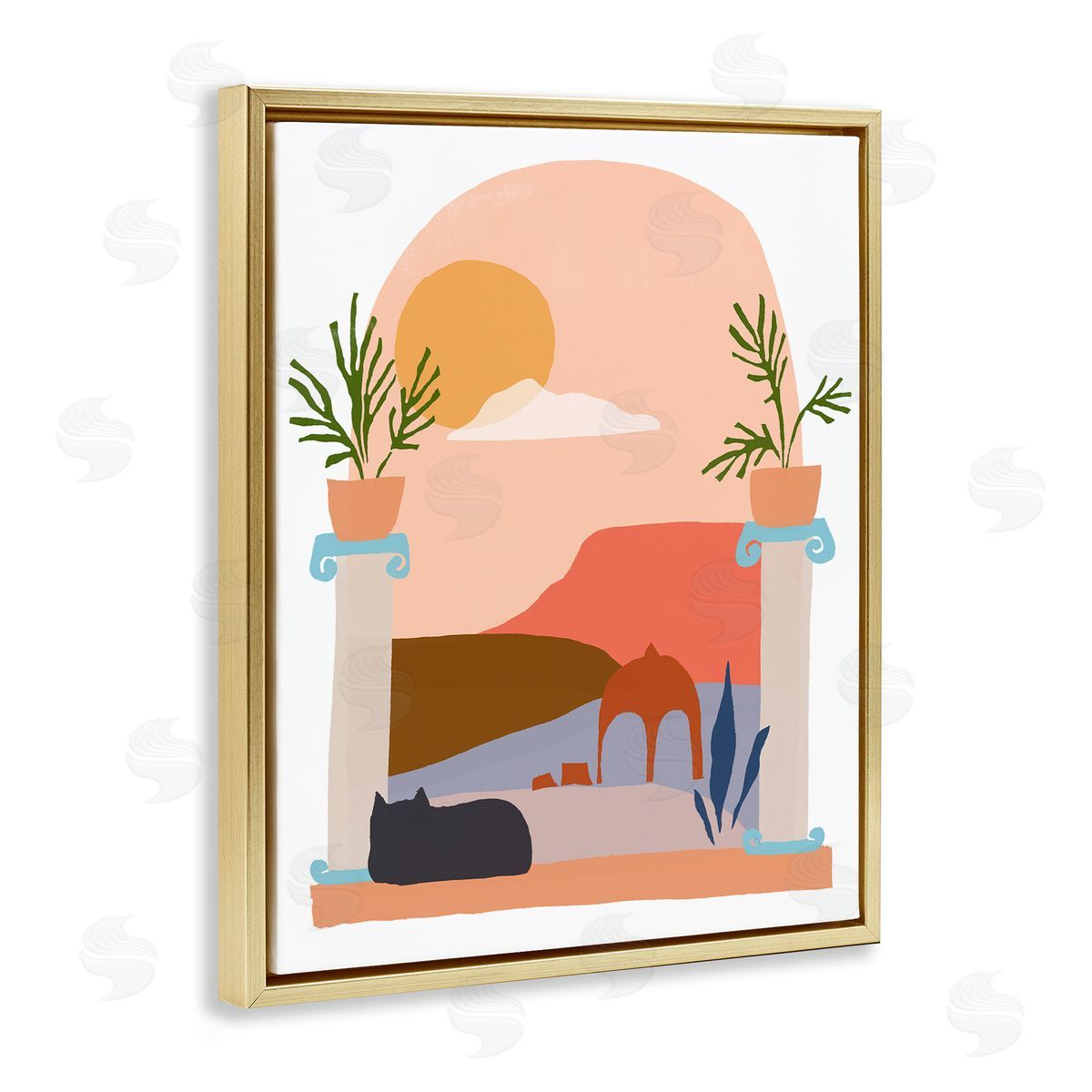 June Erica Vess Black Cat Watching Peaceful Sunny Hills Scenery  Gold Floating Frame Canvas Wall Art Print