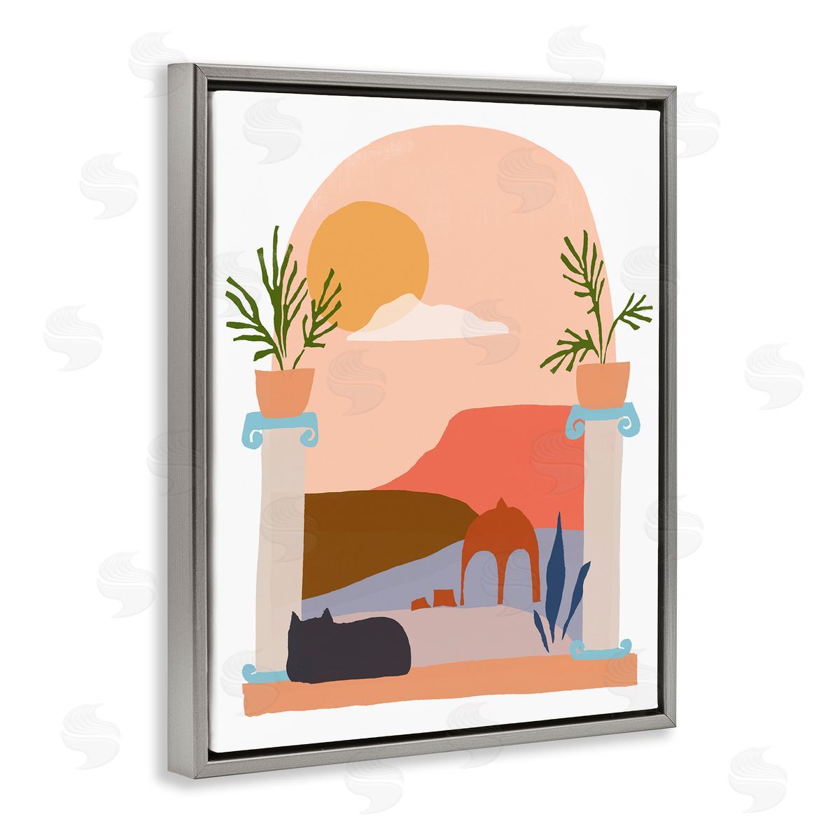 June Erica Vess Black Cat Watching Peaceful Sunny Hills Scenery  Gray Floating Frame Canvas Wall Art Print