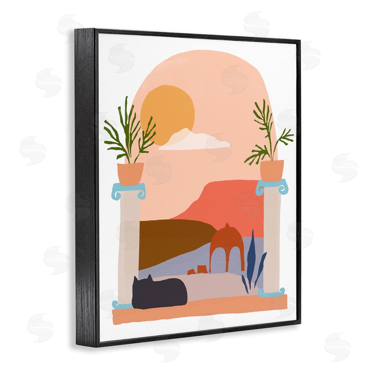 June Erica Vess Black Cat Watching Peaceful Sunny Hills Scenery  Black Framed Giclee Wall Art Print