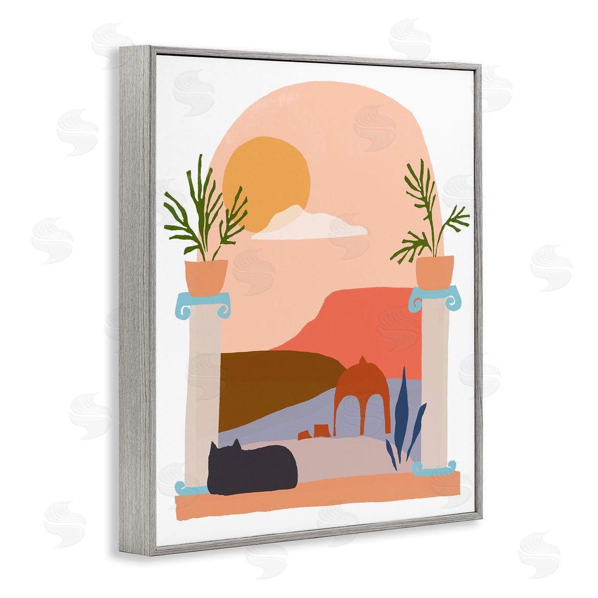 June Erica Vess Black Cat Watching Peaceful Sunny Hills Scenery  Gray Framed Giclee Wall Art Print