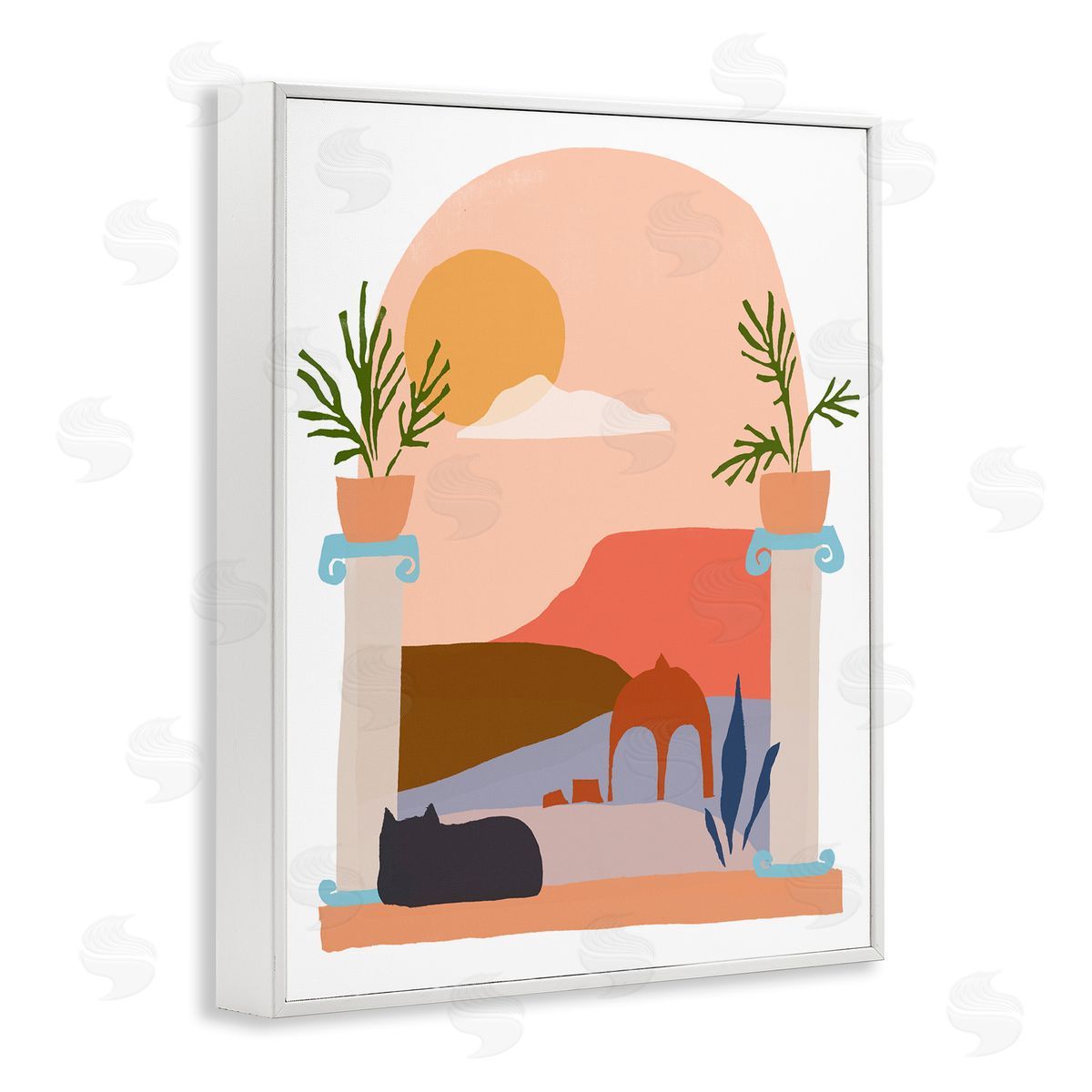June Erica Vess Black Cat Watching Peaceful Sunny Hills Scenery  White Framed Giclee Wall Art Print