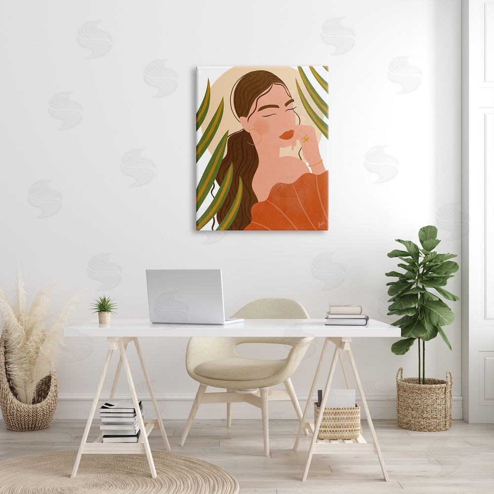 Birch & Ink Woman Tropical Snake Plant Leaves Circle Cutout Shape Canvas Wall Art Print in Room