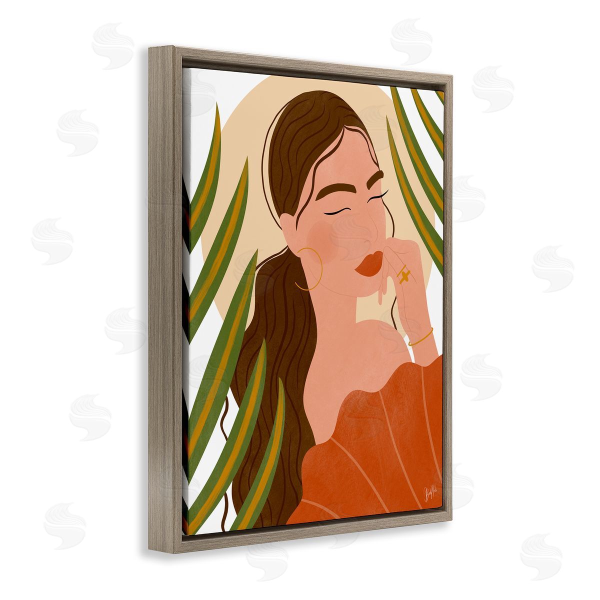 Birch & Ink Woman Tropical Snake Plant Leaves Circle Cutout Shape Brown Floating Frame Canvas Wall Art Print
