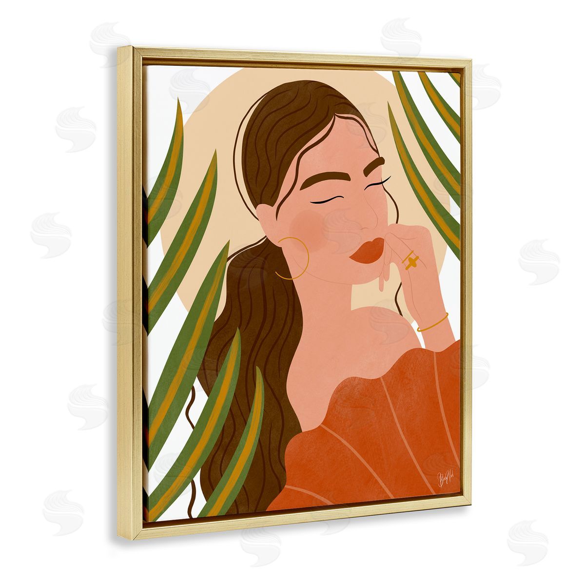 Birch & Ink Woman Tropical Snake Plant Leaves Circle Cutout Shape Gold Floating Frame Canvas Wall Art Print
