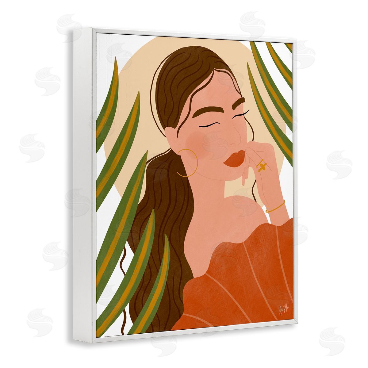 Birch & Ink Woman Tropical Snake Plant Leaves Circle Cutout Shape White Framed Giclee Wall Art Print