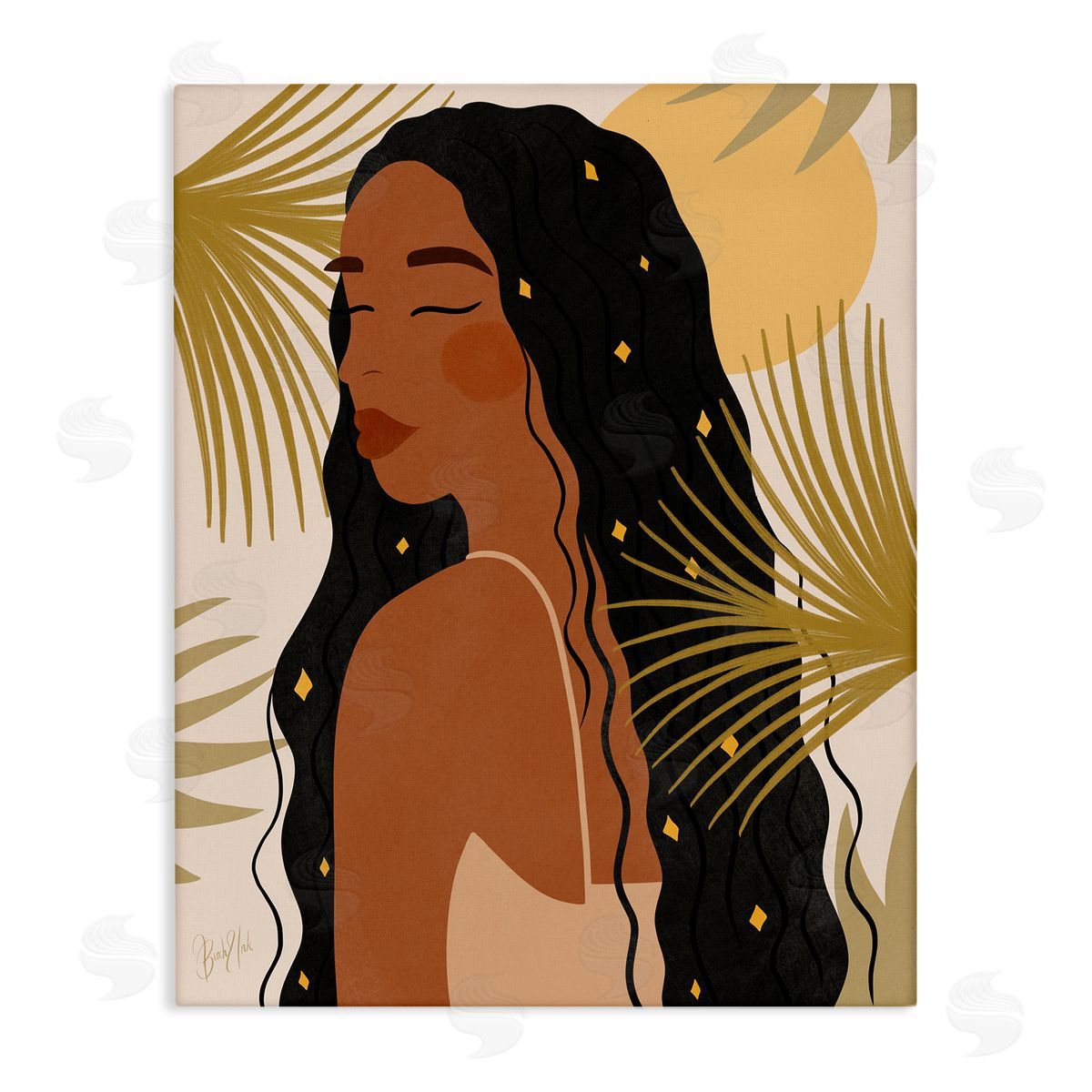 Birch & Ink Desert Plant Leaves Sunlit Starry Haired Woman Stretched Canvas Wall Art Print