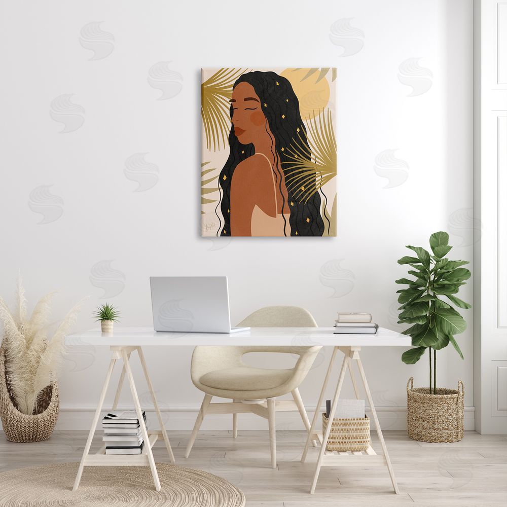 Birch & Ink Desert Plant Leaves Sunlit Starry Haired Woman Canvas Wall Art Print in Room
