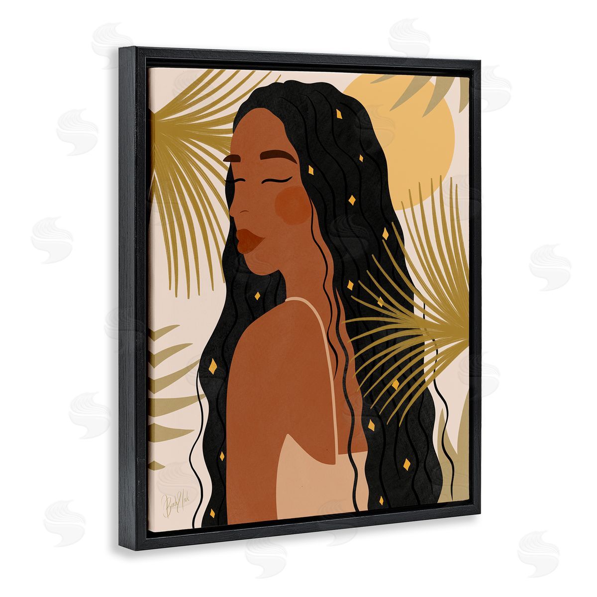 Birch & Ink Desert Plant Leaves Sunlit Starry Haired Woman Black Floating Frame Canvas Wall Art Print