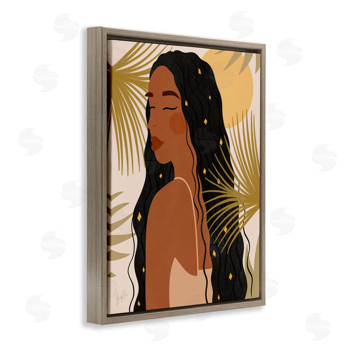Birch & Ink Desert Plant Leaves Sunlit Starry Haired Woman Brown Floating Frame Canvas Wall Art Print