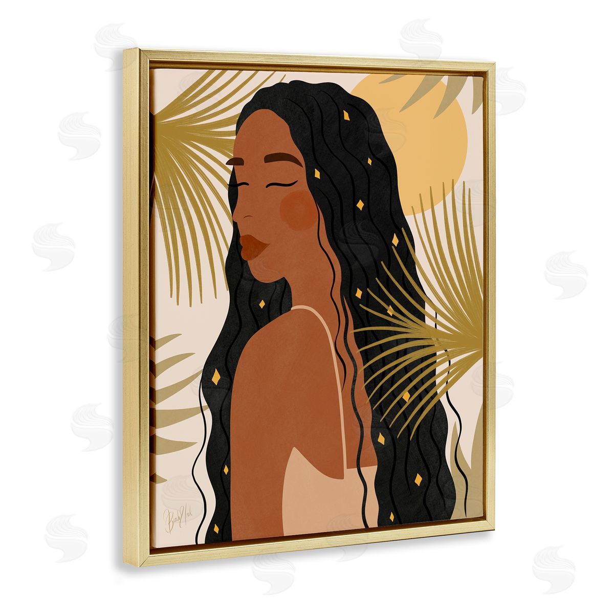 Birch & Ink Desert Plant Leaves Sunlit Starry Haired Woman Gold Floating Frame Canvas Wall Art Print