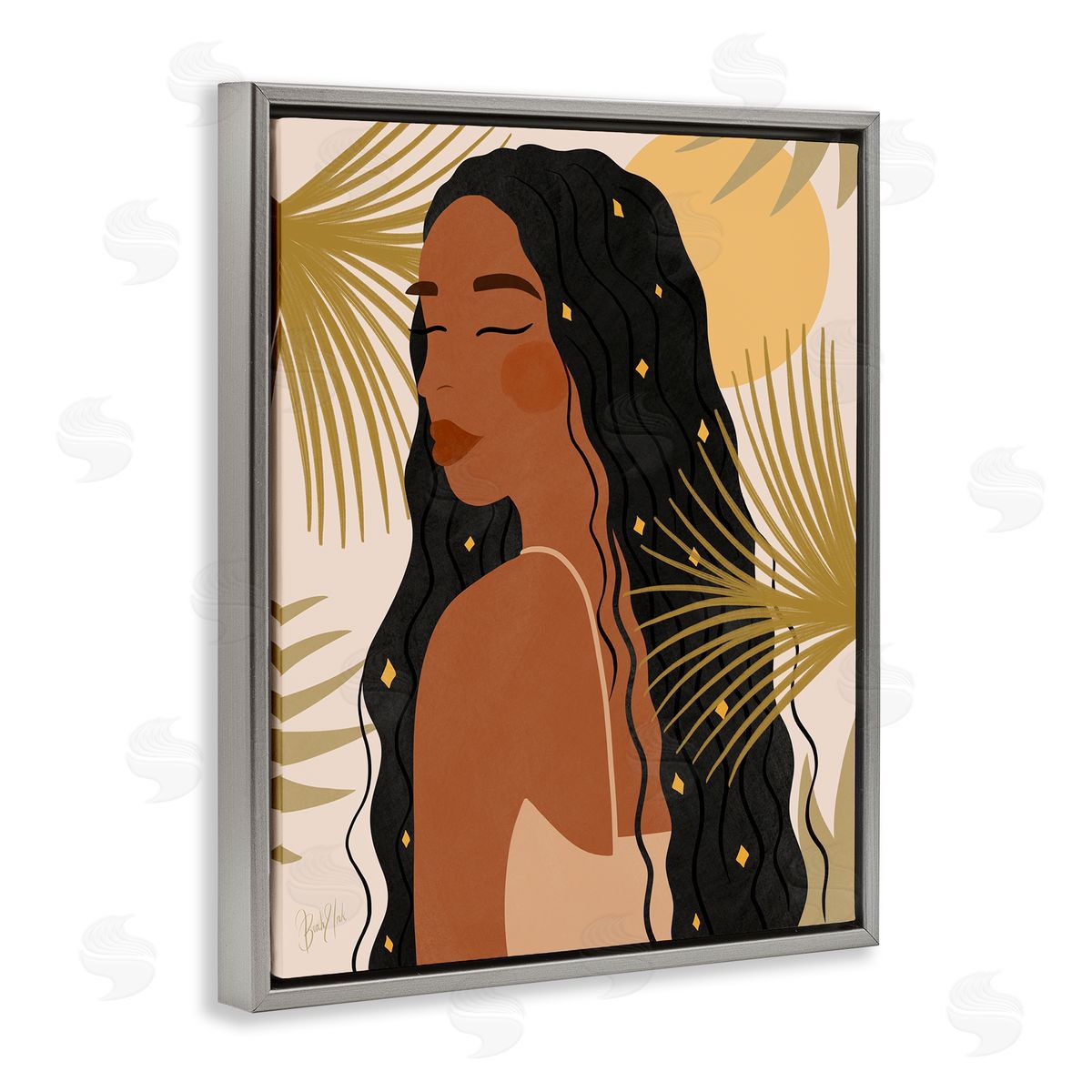 Birch & Ink Desert Plant Leaves Sunlit Starry Haired Woman Gray Floating Frame Canvas Wall Art Print