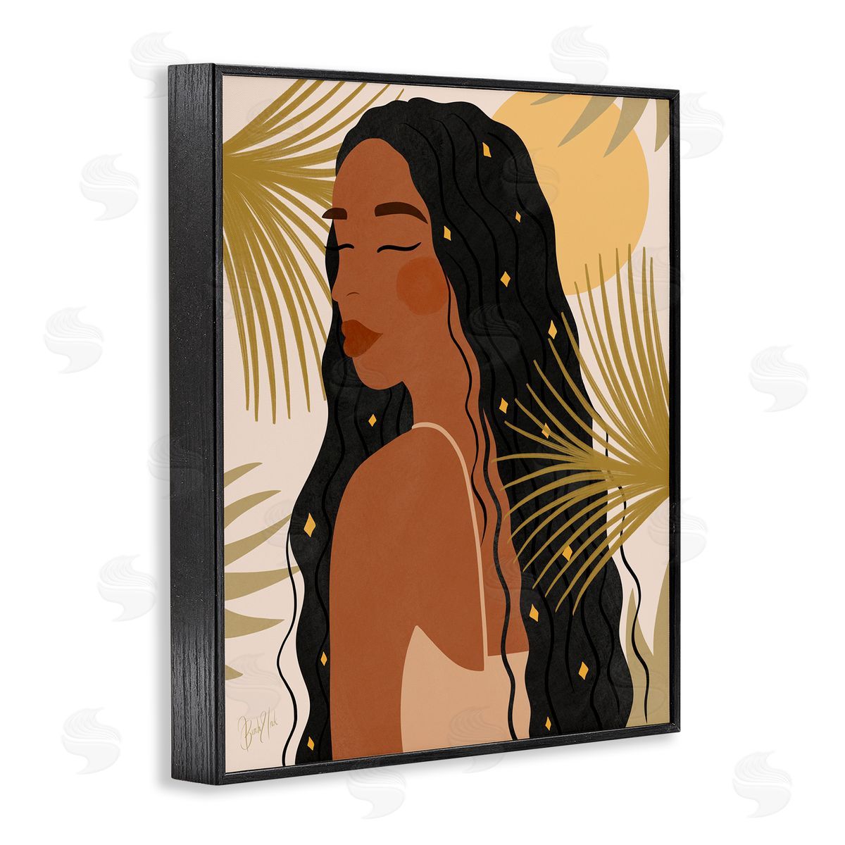 Birch & Ink Desert Plant Leaves Sunlit Starry Haired Woman Black Framed Giclee Wall Art Print