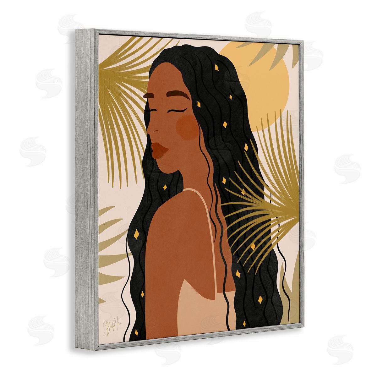 Birch & Ink Desert Plant Leaves Sunlit Starry Haired Woman Gray Framed Giclee Wall Art Print