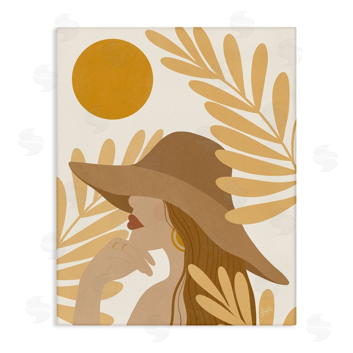 Birch & Ink Woman in Hat Warm Yellow Cutout Leaf Shapes Stretched Canvas Wall Art Print