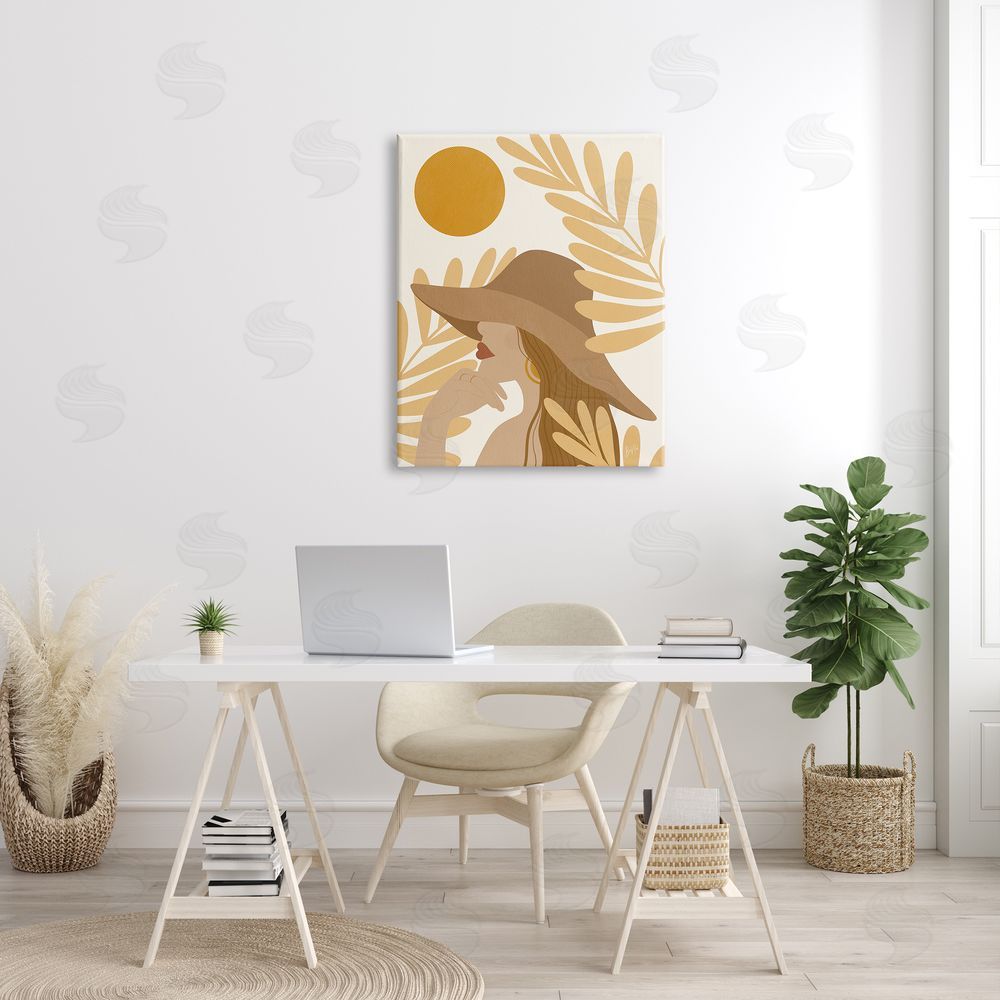 Birch & Ink Woman in Hat Warm Yellow Cutout Leaf Shapes Canvas Wall Art Print in Room