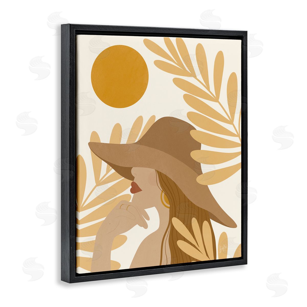 Birch & Ink Woman in Hat Warm Yellow Cutout Leaf Shapes Black Floating Frame Canvas Wall Art Print