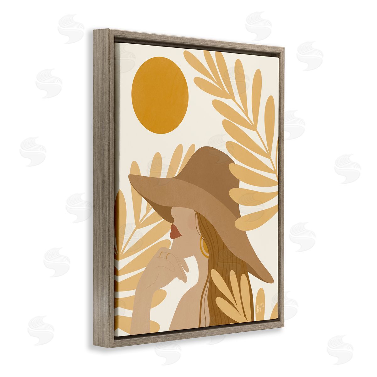 Birch & Ink Woman in Hat Warm Yellow Cutout Leaf Shapes Brown Floating Frame Canvas Wall Art Print