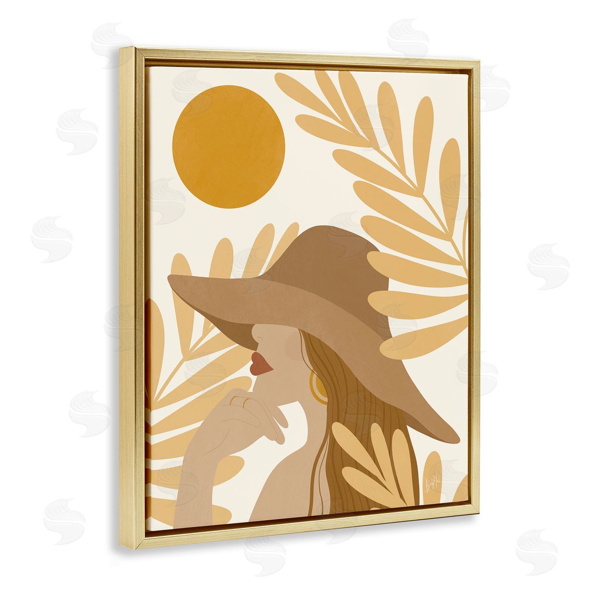 Birch & Ink Woman in Hat Warm Yellow Cutout Leaf Shapes Gold Floating Frame Canvas Wall Art Print