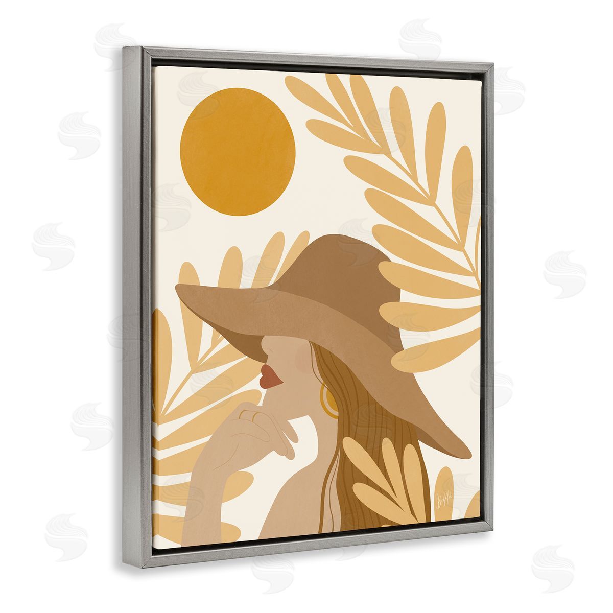 Birch & Ink Woman in Hat Warm Yellow Cutout Leaf Shapes Gray Floating Frame Canvas Wall Art Print