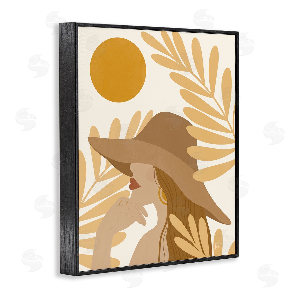 Birch & Ink Woman in Hat Warm Yellow Cutout Leaf Shapes Black Framed Giclee Wall Art Print