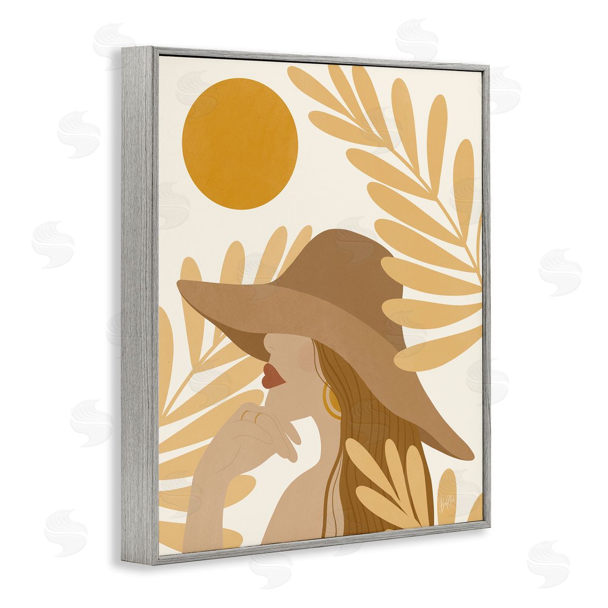 Birch & Ink Woman in Hat Warm Yellow Cutout Leaf Shapes Gray Framed Giclee Wall Art Print