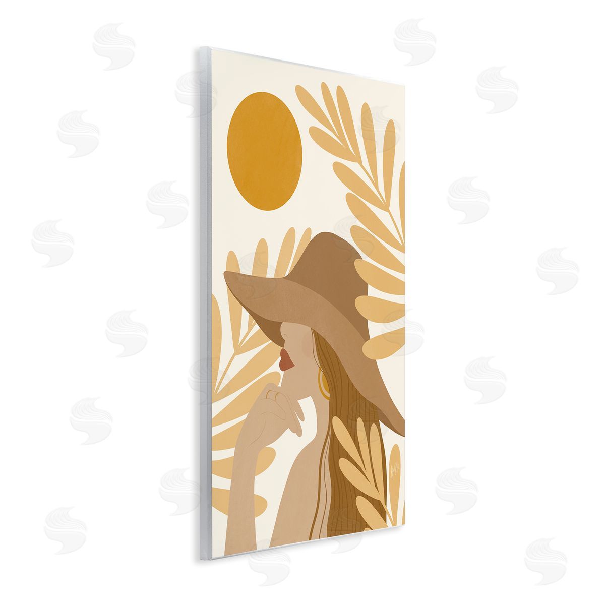 Birch & Ink Woman in Hat Warm Yellow Cutout Leaf Shapes Wall Plaque Art Print