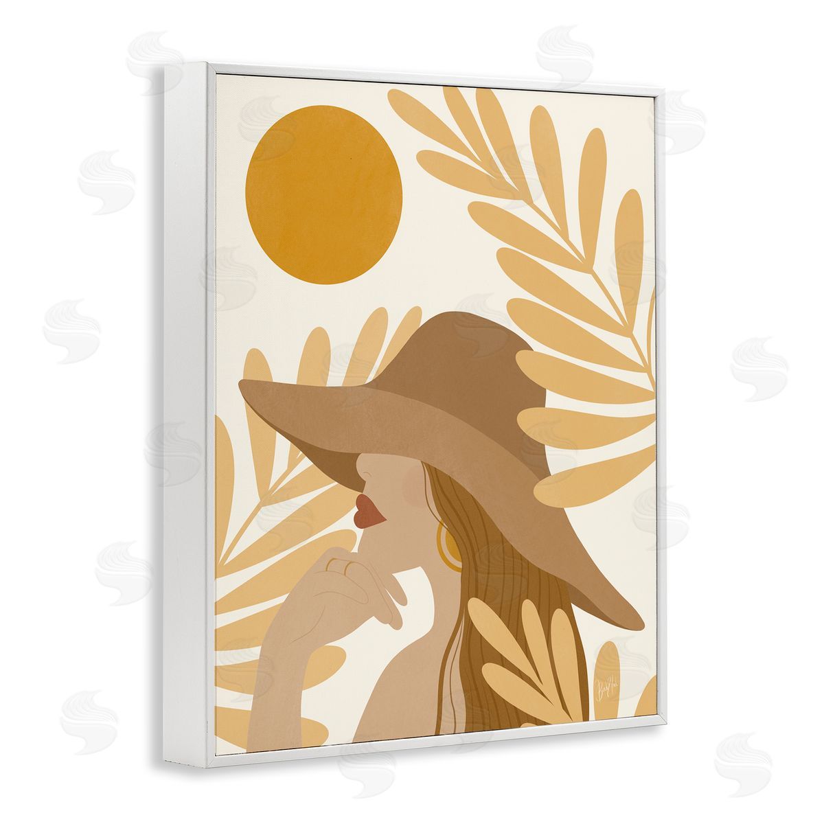 Birch & Ink Woman in Hat Warm Yellow Cutout Leaf Shapes White Framed Giclee Wall Art Print