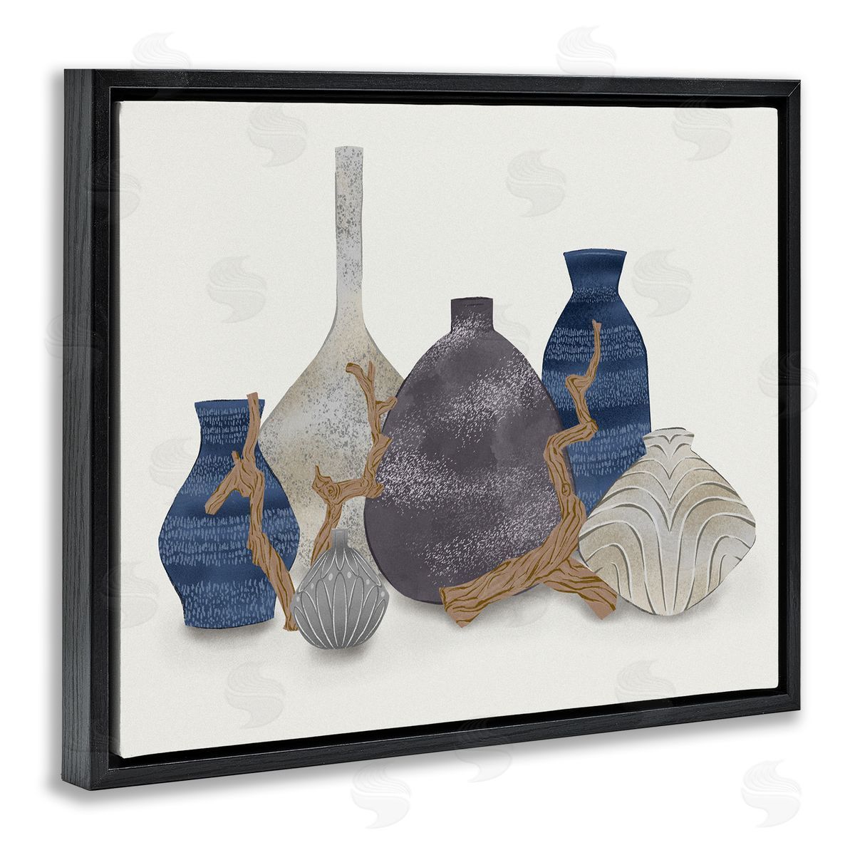 Ziwei Li Ornate Vase Still Life Leaning Driftwood Branches  Black Floating Frame Canvas Wall Art Print