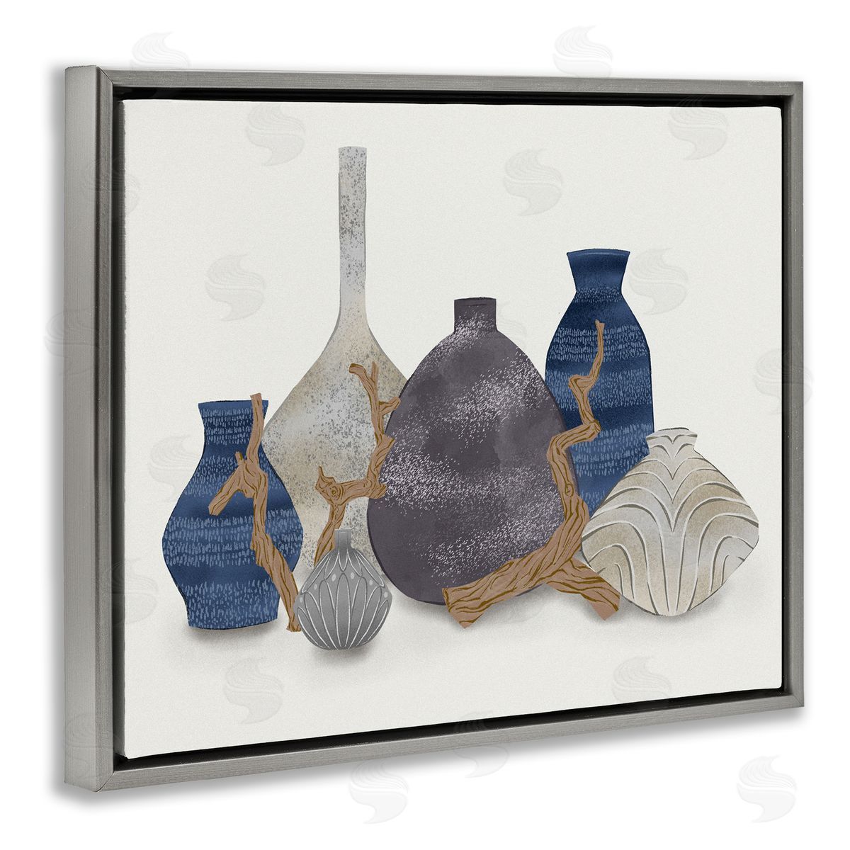 Ziwei Li Ornate Vase Still Life Leaning Driftwood Branches  Gray Floating Frame Canvas Wall Art Print
