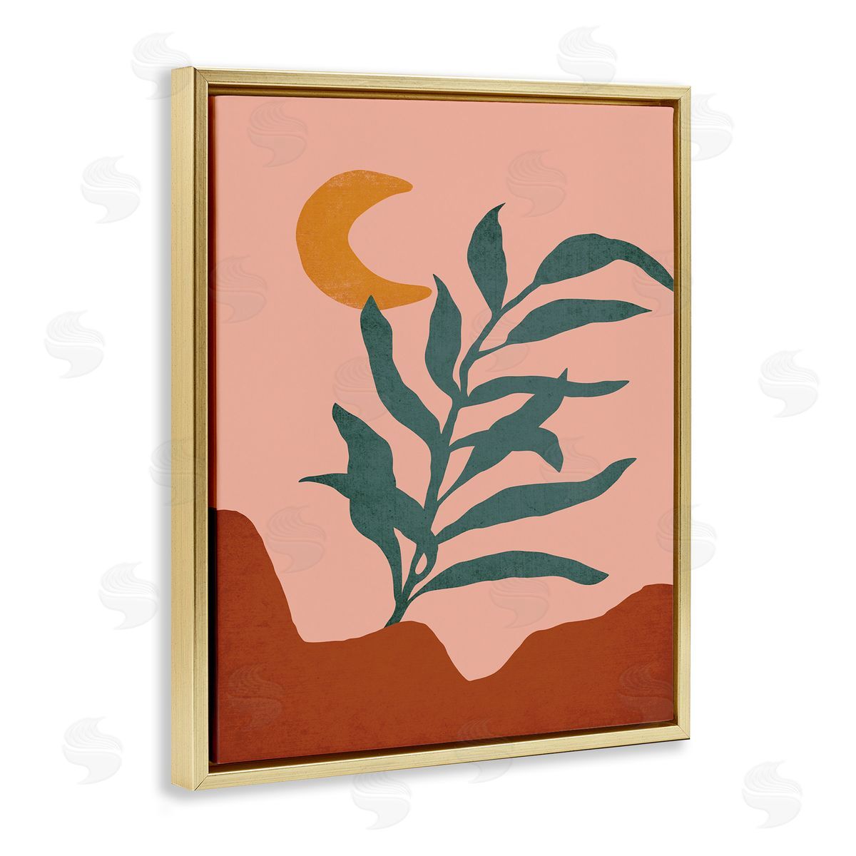 JJ House LLC Blooming Plant Leaf Pleasant Desert Crescent Moon  Gold Floating Frame Canvas Wall Art Print
