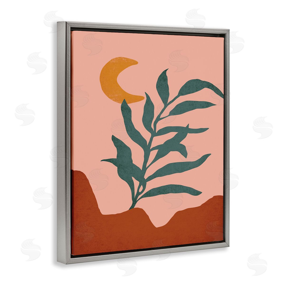 JJ House LLC Blooming Plant Leaf Pleasant Desert Crescent Moon  Gray Floating Frame Canvas Wall Art Print