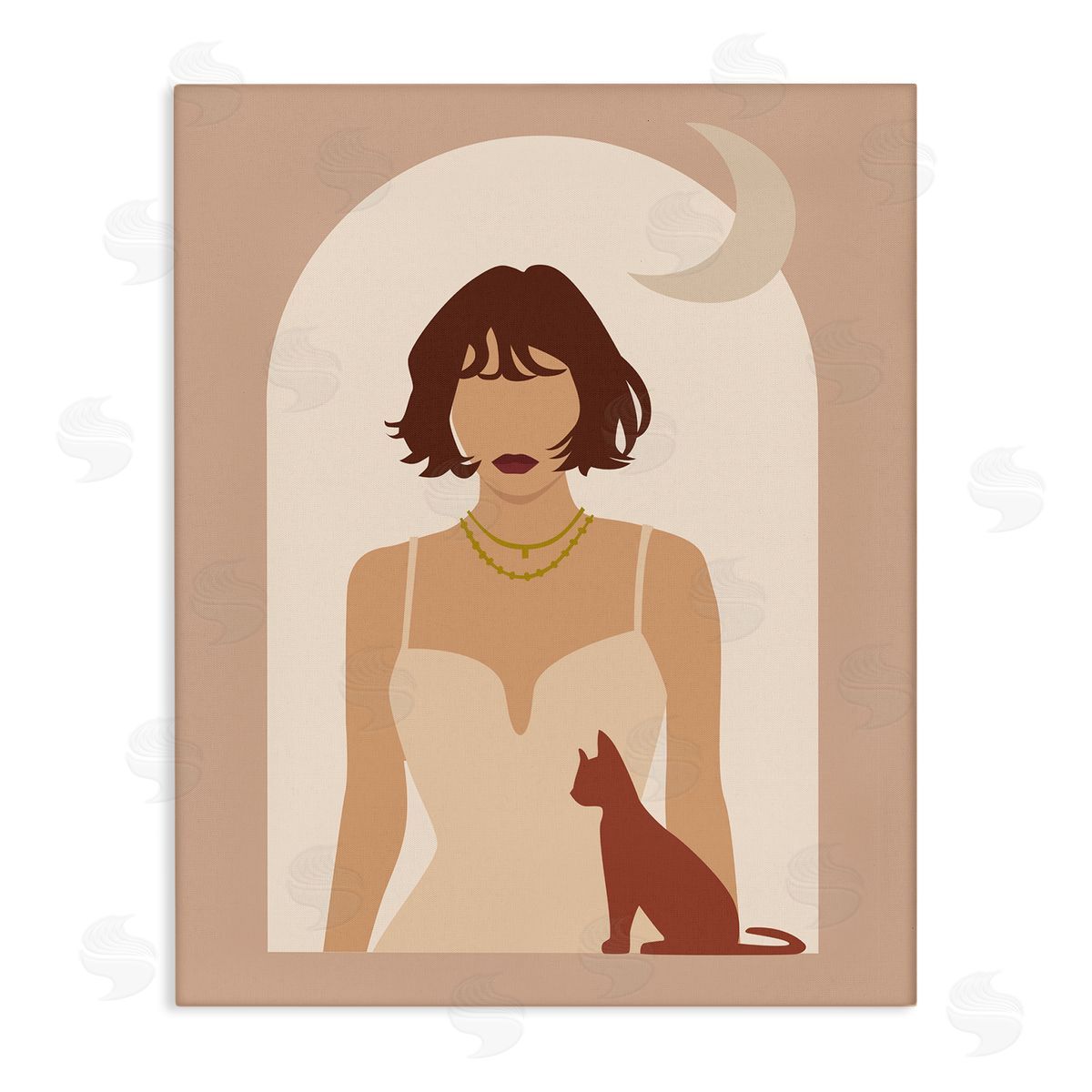 Birch & Ink Woman & Cat Arch Shape Cutout Moon Stretched Canvas Wall Art Print