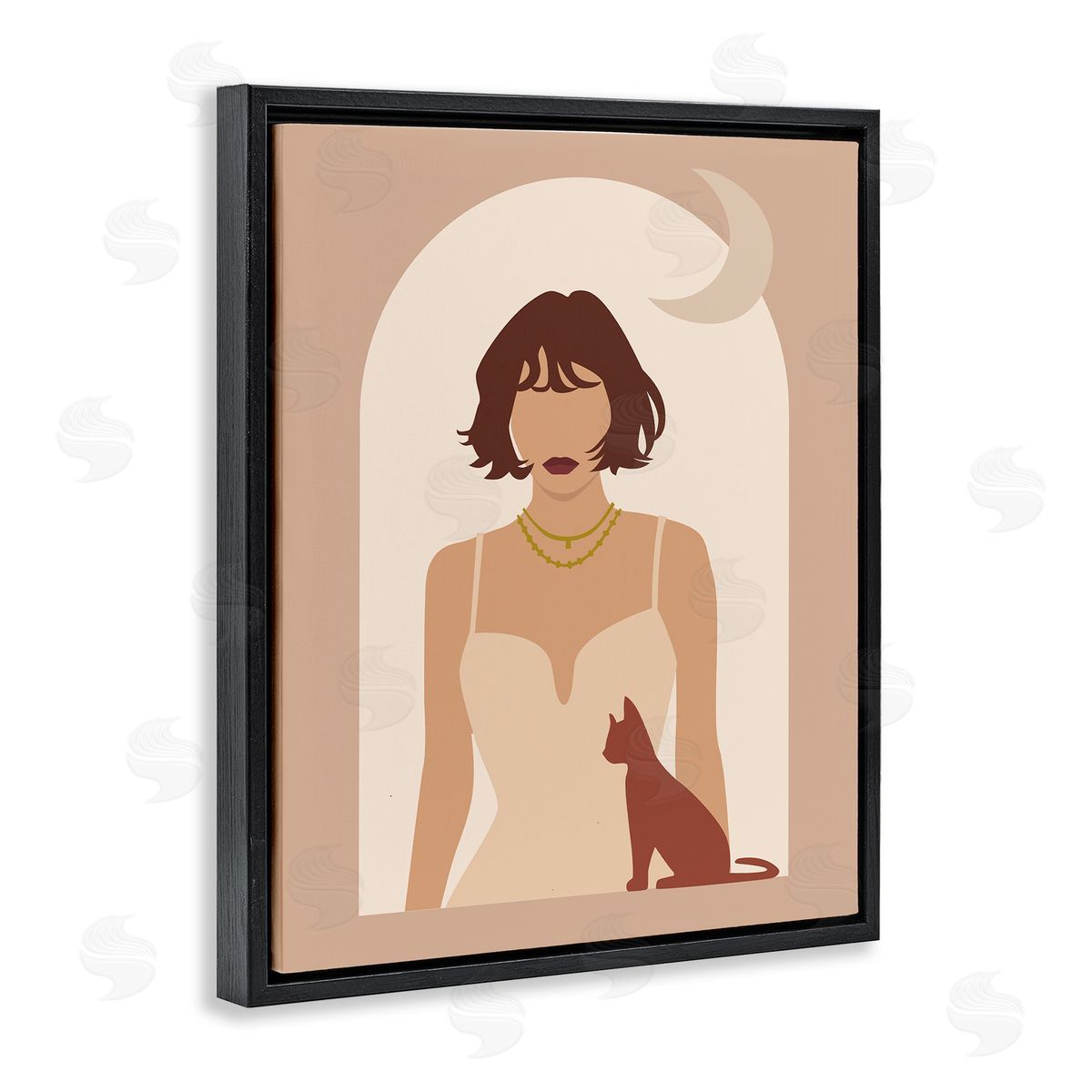 Birch & Ink Woman & Cat Arch Shape Cutout Moon Black Floating Frame Canvas Wall Art Print