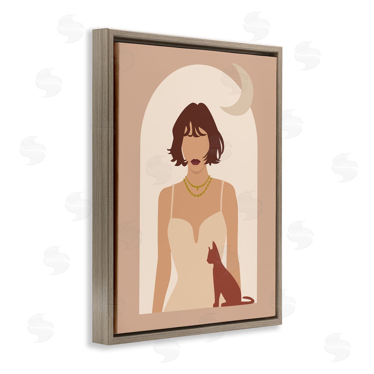 Birch & Ink Woman & Cat Arch Shape Cutout Moon Brown Floating Frame Canvas Wall Art Print