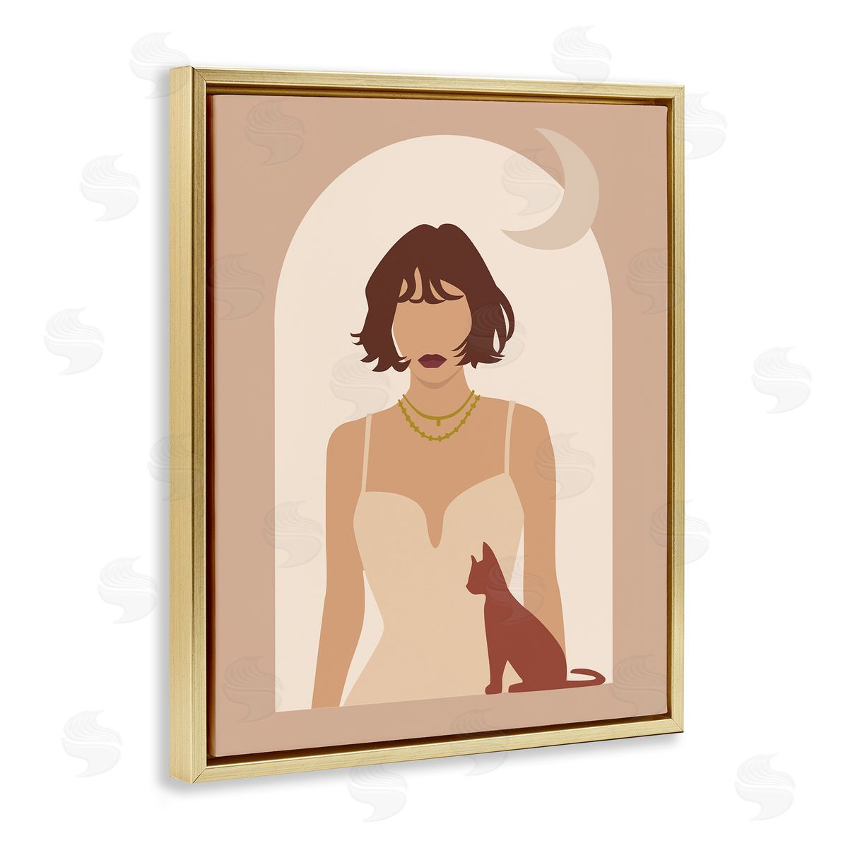 Birch & Ink Woman & Cat Arch Shape Cutout Moon Gold Floating Frame Canvas Wall Art Print