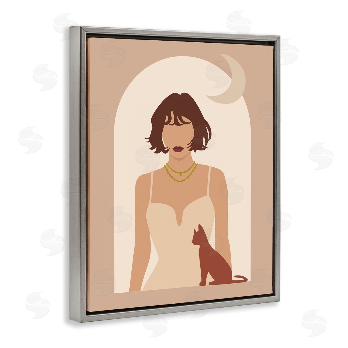 Birch & Ink Woman & Cat Arch Shape Cutout Moon Gray Floating Frame Canvas Wall Art Print