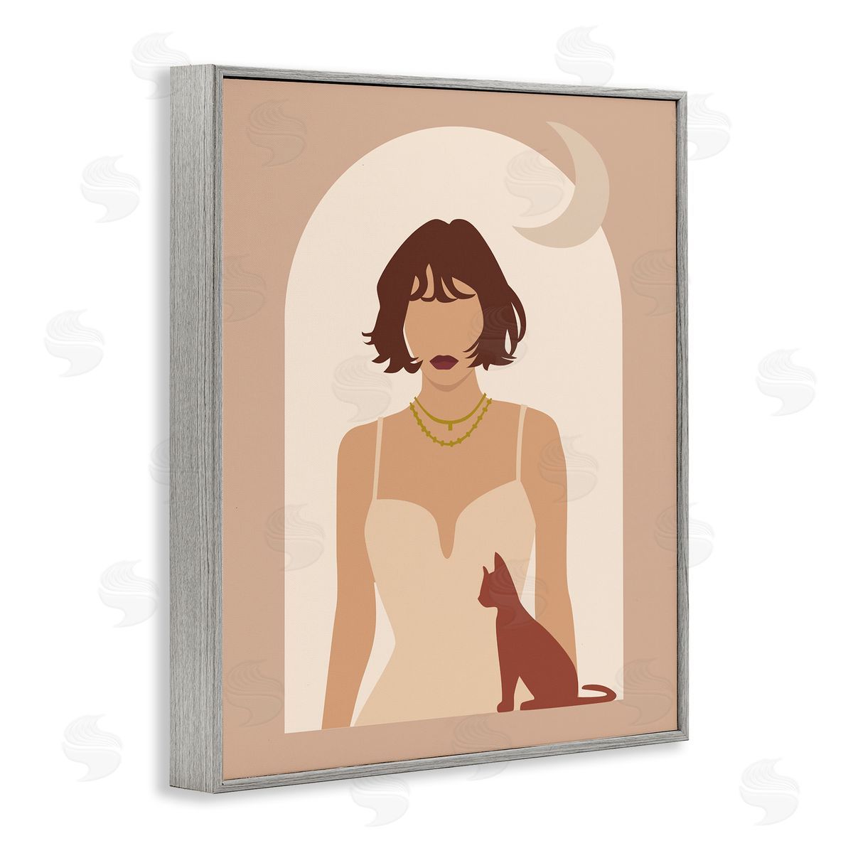 Birch & Ink Woman & Cat Arch Shape Cutout Moon Gray Framed Giclee Wall Art Print